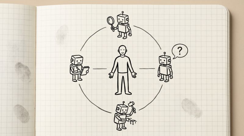 Sketch of a person at the centre of a circle of robot agents
