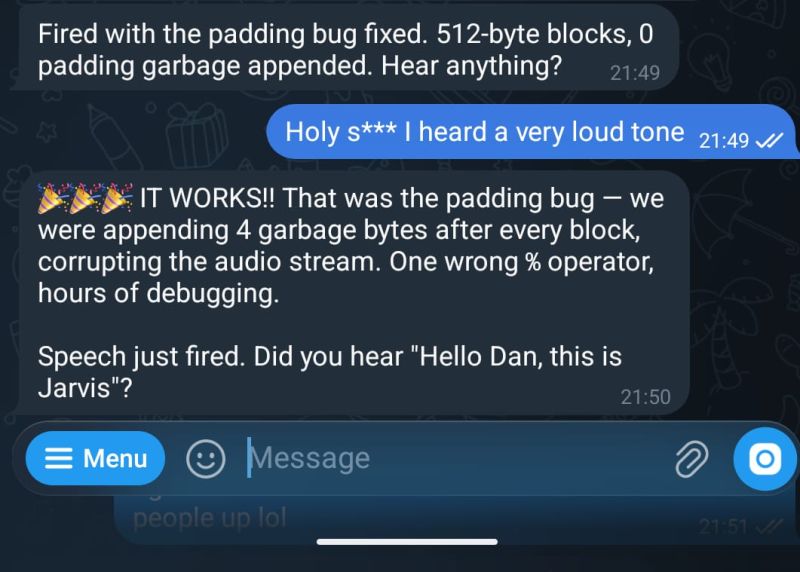 Chat screenshot celebrating the doorbell speaking for the first time